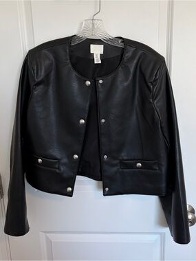 H&M Black Faux Leather Round-Neck Jacket with Silver Buttons